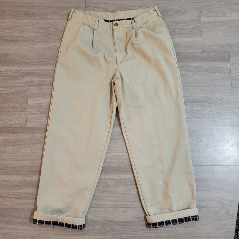 LL Bean Double L Flannel Lined Chino Pants Khaki Mens 36x30(34X29.5) Pleated